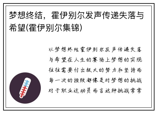 梦想终结，霍伊别尔发声传递失落与希望(霍伊别尔集锦)