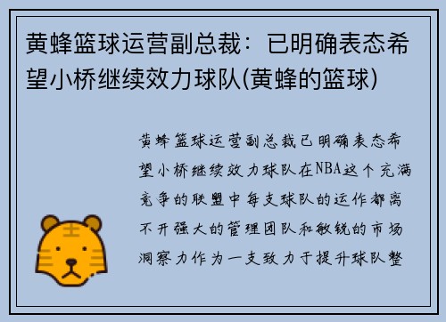 黄蜂篮球运营副总裁：已明确表态希望小桥继续效力球队(黄蜂的篮球)